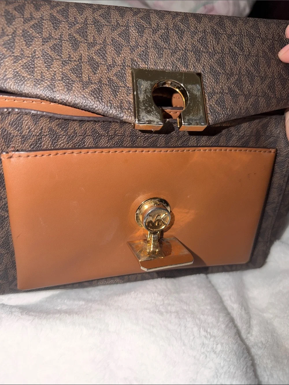 Michael Kors Brown Monogram Shoulder Bag with Tan Front Accent and Gold Chain